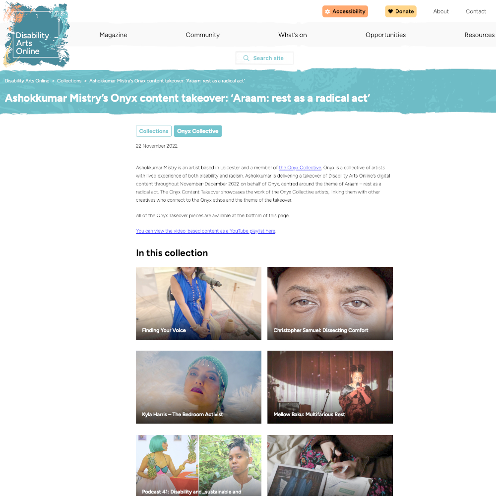 Screenshot of disability arts online website featuring Araam project